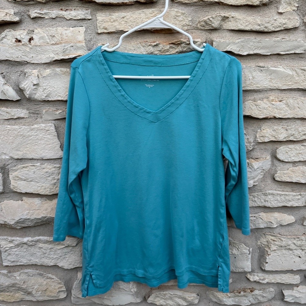 J. Jill Light Blue Long Sleeve V-Neck Top Pima Cotton 3/4 Sleeve
